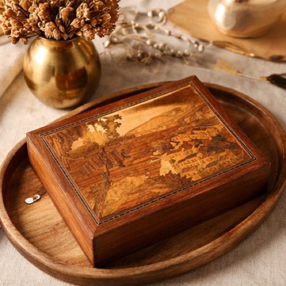 Vintage Wood Marquetry Landscape Box Inlaid Scene 7” x 9,5 “ European
